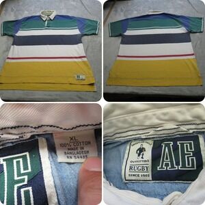 Vintage American Eagle Rugby Shirt Mens XL‎ Green Striped Heavy Rugby Polo